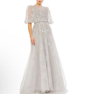 Mac Duggal Silver Embellished Tulle Gown
